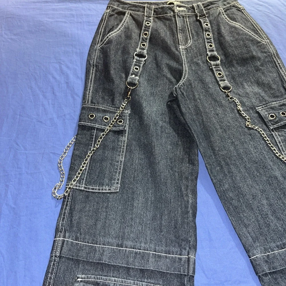 Hot Topic Jeans Size 9 Blue Chains Grommets Straps Baggy Grunge Skater Women's